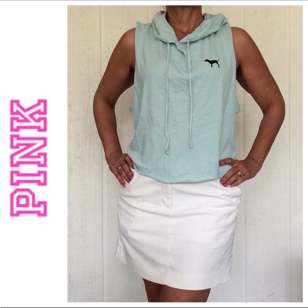 PINK VICTORIAS SECRET MINT GREEN SLEEVELESS HOODIE MUSCLE T SHIRT TOP SM…